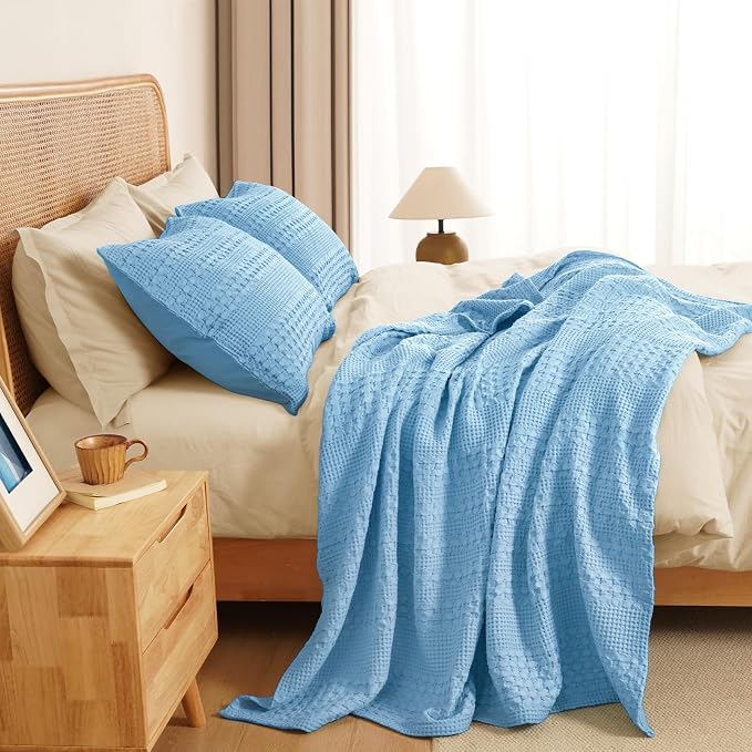 PHF 100% Cotton Waffle Weave Throw Blanket, Lightweight Breathable Summer Blanket for Couch Sofa, Pre-Washed Soft Throws for Bed, Office, Travel & Stylish Home Decor, 50"x60", Airy Blue