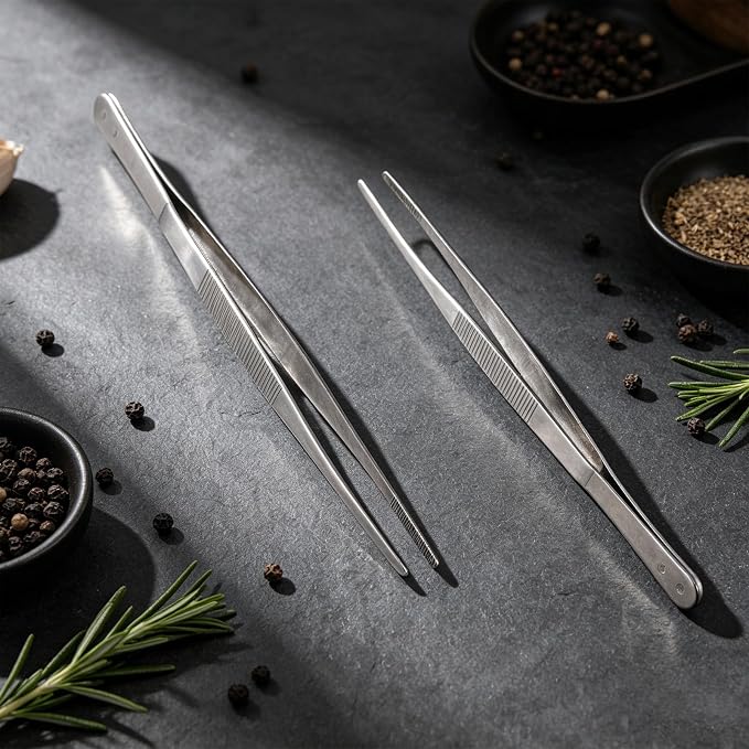 Kitchen Tweezers Bar Tweezers 8 In Long Cooking Tweezer 6 Pcs | Stainless Steel Garnish Tongs for Cooking Metal Tongs Reptile Feeding Tong Kitchen Tong for Korean Barbecue Cocktail