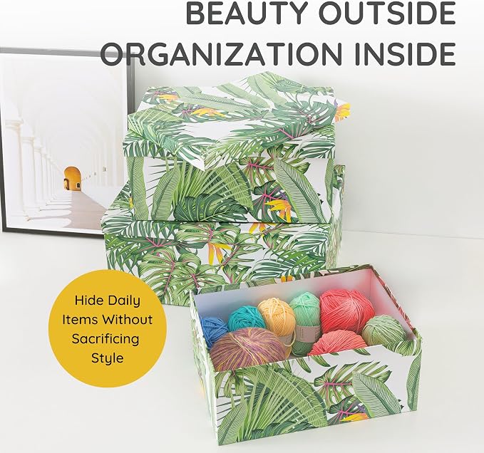 Soul & Lane - Tropical Breeze Decorative Storage Boxes with Lids, Set of 3 | Large Nesting Keepsake Boxes for Photos and Gifts, Green Jungle Leaves Palm Tree Containers, Hawaiian Beach Theme Decor