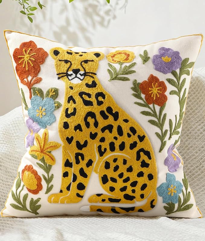 Animal Embroidered Throw Pillow Cover 18x18 Inch, Leopard Floral | Decorative Pillow Cover, Boho Cushion Cases with Hidden Zipper, Fall Decor for Couch, Sofa, Living Room, Bedroom