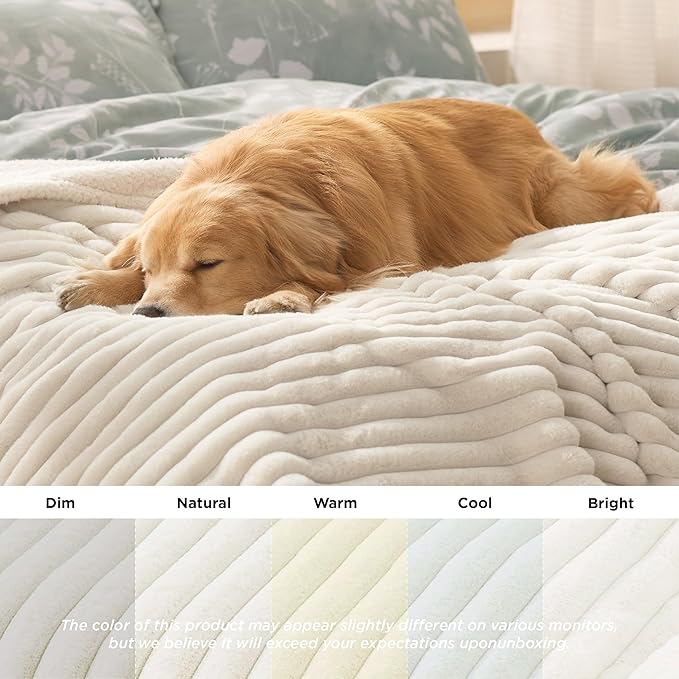 Bedsure ComfyFleece™ Waterproof Blanket for Bed - Soft Plush Dog Blankets for Large Dogs Corduroy Fleece Washable, Cozy Calming Reversible Furniture Protection for Pet Cat,86"x108", King, Cream