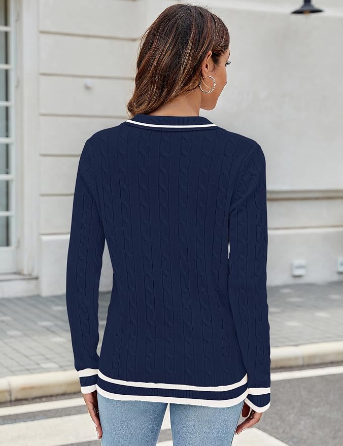 Micoson Womens Fall Long Sleeve Sweaters Lapel V Neck Cable Knitted Pullover Casual Soft Jumper Top