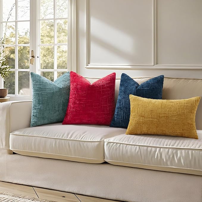 decorUhome Textured Chenille Throw Pillow Covers 26x26 Set of 2 Red | Fall Modern Farmhouse Soft Cozy Slubby Couch Pillow Cases Boho Decorative Pillow Cases for Bed Sofa Living Room Home Decor