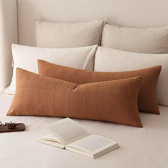 Foindtower Set of 2 Decorative Linen Check Throw Pillow Covers Neutral Farmhouse Vintage Cushion Covers Cozy Modern Boho Home Decor for Sofa Chair Couch Bedroom Living Room,14×36 Inch,Orange