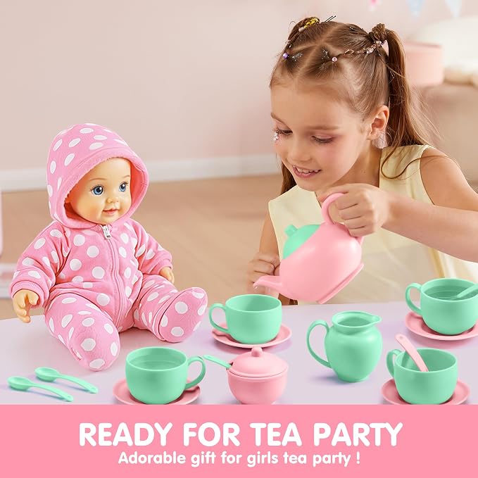 JOYIN 18PCS Pretend Tea Party Set, Plastic Tea Set, Mini Kitchen for Kids, Gifts for Toddler Boys Girls Ages 3 4 5 6 Years Old, Easter Birthday Gifts