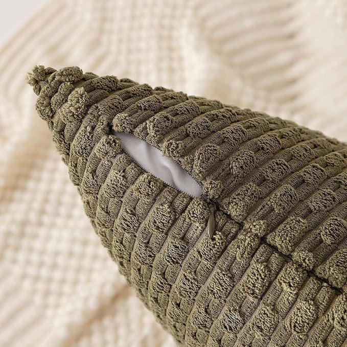 Kevin Textile Soft Corduroy 14"x36" Lumbar Pillow Cover 1 Pack, Olive Green | Boho Stripe Plush Corduroy Decorative Oblong Cushion Cover Modern Farmhouse Home Decor for Sofa Couch Bed Chair