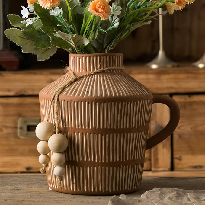 Mowtanco Rustic Farmhouse Vase with Handle and Boho Wooden Beads - Terracotta Vase with Vertical Stripes for Vintage Home Decor