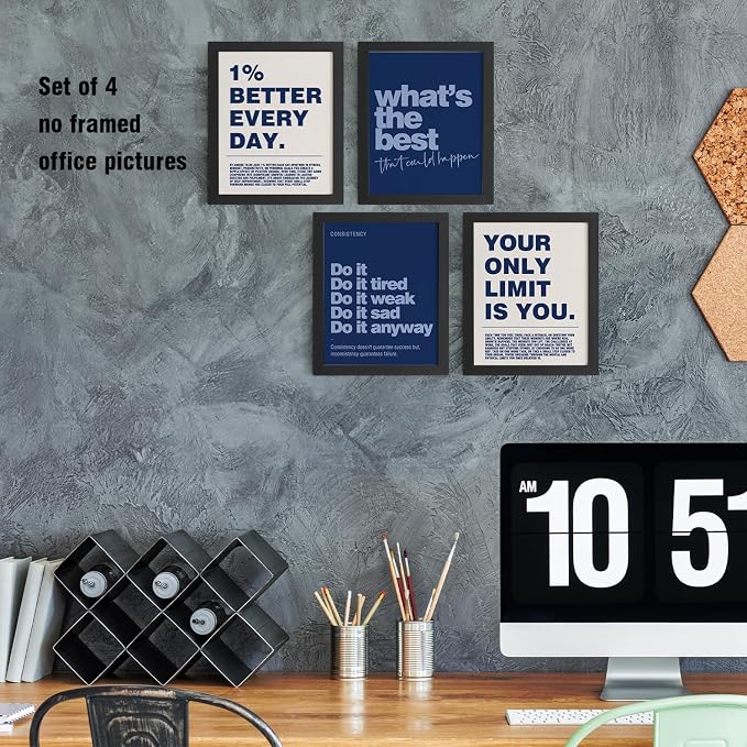 DSHFG Motivational Inspirational Office Wall Art Decor Prints 4Pcs | Navy Blue Office Motivational Wall Decor Trendy Retro Positive Affirmations Quotes Wall Decor Posters, 8x10 Unframed