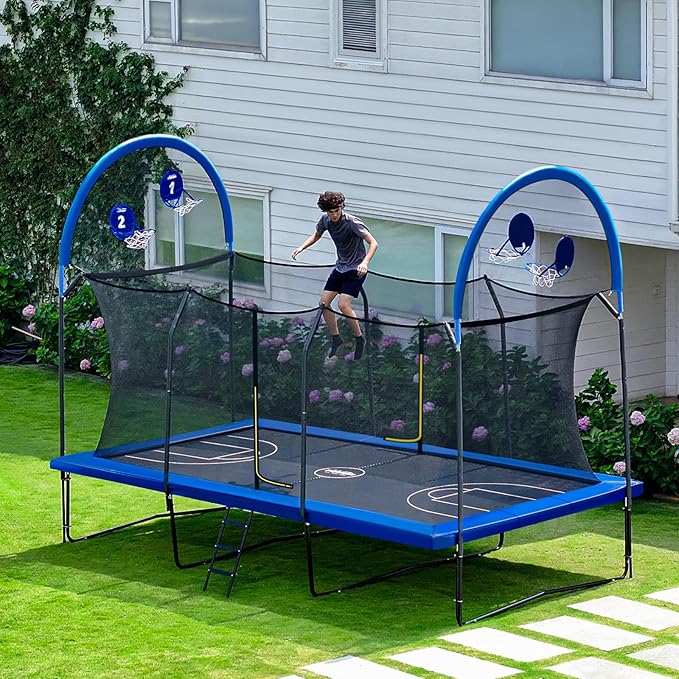 Zupapa 1800LBS Weight Capacity Rectangle Trampoline 10x17FT 9X15FT 8X14FT Outdoor Square Gymnastics Trampolines with Basketball Hoops for Kids Adults Long Large Big Rectangular Tumbling Trampolin