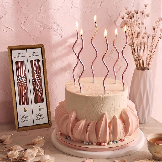 PHD CAKE 24-Count Rose Gold Spiral Long Thin Metallic Birthday Candles, Cake Candles, Birthday Parties, Wedding Decorations, Party Candles