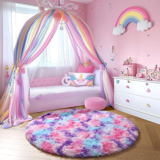 Amdrebio Pink Blue Purple Round Circle Area Rug 6Ft for Girls Bedroom, Large Fluffy Cute Fuzzy Colorful Pastel Kids Rugs for Nursery Playroom Classroom, Shag Princess Carpet for Baby Toddler Teen