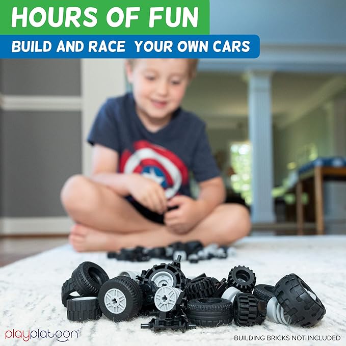 Play Platoon 144 Piece Wheels and Axles Sets, Building Bricks Car Parts and Pieces Kit - Car Building Set with Wheels, Axles & Windshields