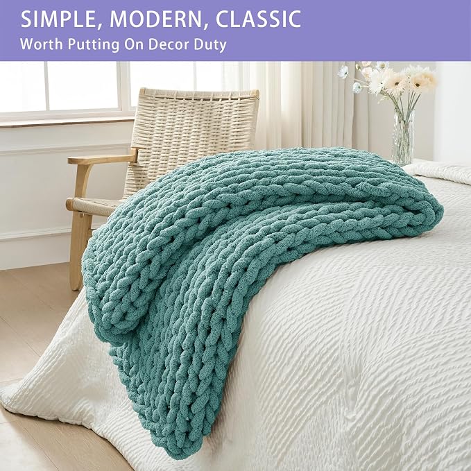 Bigacogo Chunky Knit Throw Blanket for Couch, 40x40 inches, Light Teal | Hand Knit with Jumbo Chenille, Soft Breathable Cable Knit for Sofa Bed Living Room, Machine Washable, Gift for Mom Friend