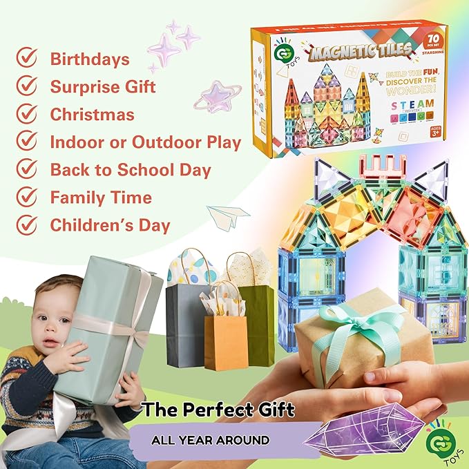 Magnetic Tiles – 70 PCS Crystal Fortress Castle, Magnetic Blocks, Montessori 3D STEM Building Blocks, Sensory for Kids Ages 3-9, Educational and Preschool Toys, Gift for Toddlers, Girls & Boy