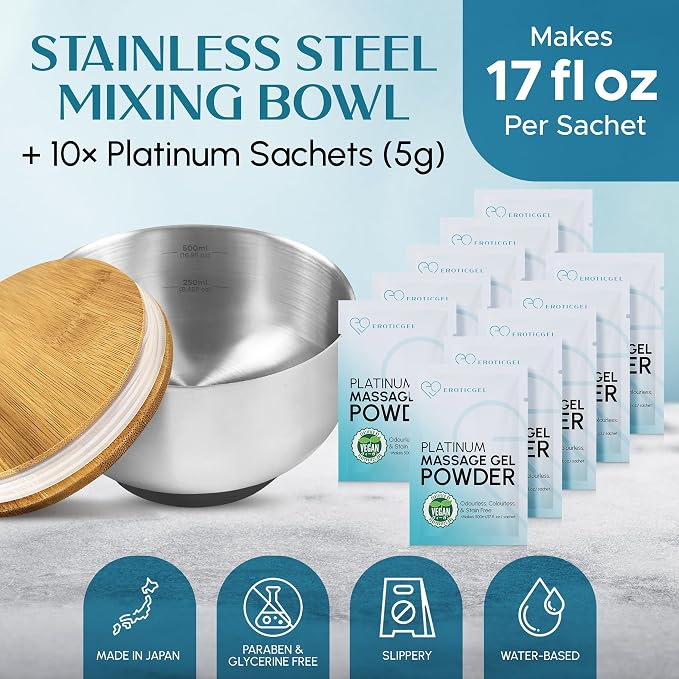 Nuru Massage Gel Powder & Bowl Set | 10 × 5g Platinum Sachets + Stainless Steel Mixing Bowl | Japanese-Made Powder | Vegan | Paraben & Glycerin Free | Makes 1.32 Gallons