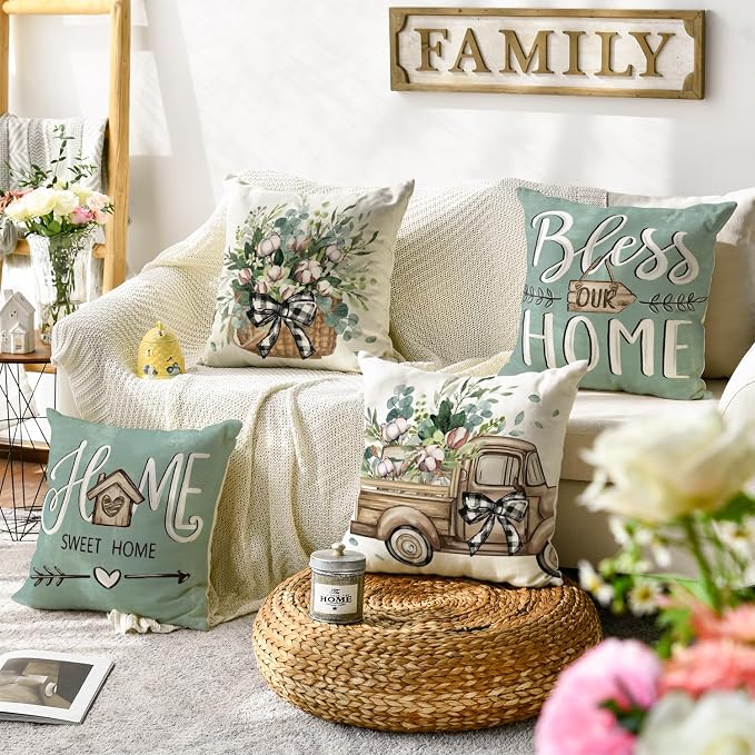 AVOIN colorlife Bless Our Home Farmhouse Eucalyptus Leaves Throw Pillow Covers, 18 x 18 Inch Truck Home Sweet Cushion Case Decorations Set of 4
