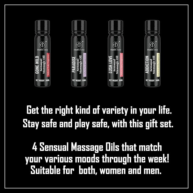 Organic Sensual Safe to Lick Body Massage Oils for Couples - Gift Set Romantic Date Night – Non Greasy No-Stain Fractionated Coconut Oil Quick Absorbing Smooth Glide Trial Pack of 4-120 ML/4 Fl Oz