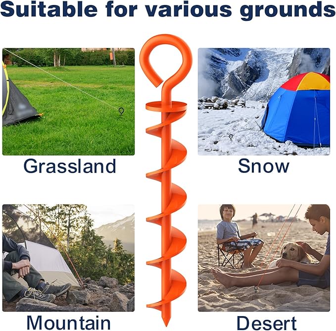 Eurmax USA 4 Pack Heavy Duty Ground Stakes,Industrial Grade Spiral Steel Screw-in Anchors with 4 Bonus Tie-Down Ropes,High Wind Stabilizing Kit for Trampolines,Dog Tie-Out,Canopy Tents,Sheds,Orange