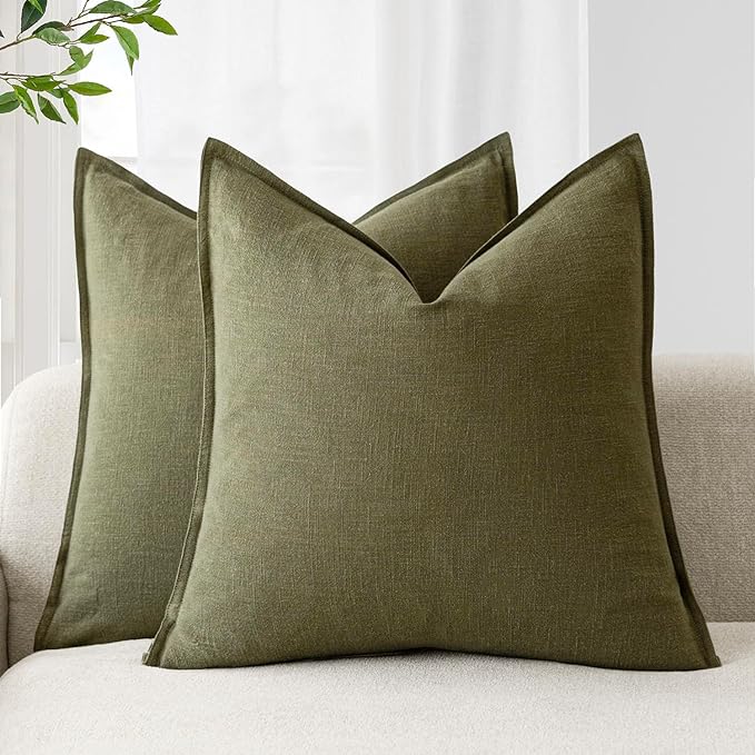 Foindtower Pack of 2, Decorative Linen Solid Throw Pillow Covers Soft Accent Cushion Case Boho Farmhouse Pillowcase for Chair Couch Sofa Bedroom Living Room Home Decor 18 x 18 Inch Olive Green