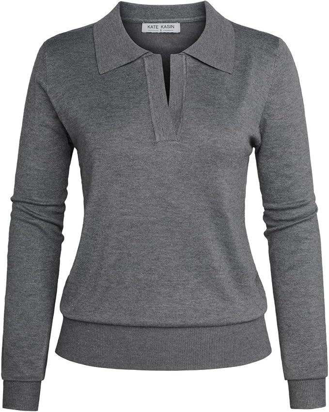 Women's Long Sleeve Classic V Neck Casual Fall Winter Polo Sweater Tops | Basic Collared Knitted Fashion Work Business Formal Daily Wear Versatile Pullover Shirts