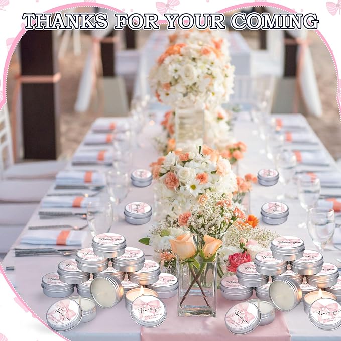 MTLEE 50 Pcs Bow Baby Shower Favors Scented Candles Gift Travel Tin Candle Aromatherapy Candle Favors for Baby Shower Wedding Gifts Compound Scent Essential Oil 1.57 x 0.67''