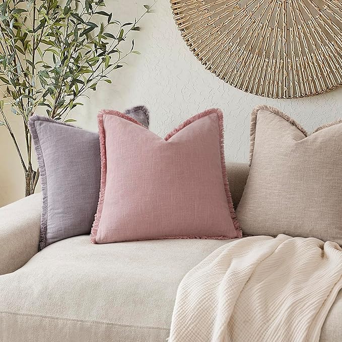 Foindtower Set of 2 Decorative Linen Fringe Throw Pillow Covers Cozy Boho Farmhouse Cushion Cover with Tassels Soft Accent Pillowcase for Couch Sofa Bed Living Room Home Decor,24×24 Inch,Rose Pink