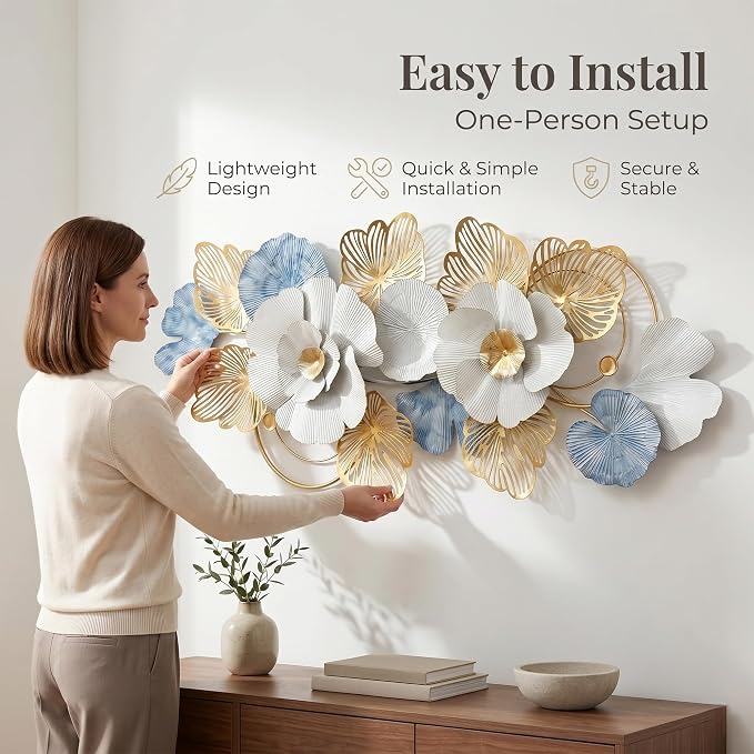 Axioglo 51" Large Wall Decor,3D Floral Metal Wall Art for Living Room | 51" x 22" metal wall decor with layered metal texture, mounting hardware, two-way display