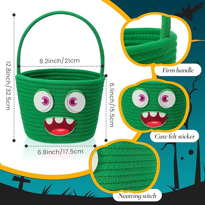 Halloween Basket with Handle Cute Bucket Cotton Rope Woven Candy Bag Pumpkin Witch Cat Pig Storage Basket for Halloween Party Favor(Green,Monsters)
