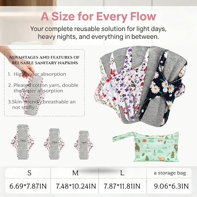 Reusable Sanitary Pads,Reusable Panty Liners,Soft Cloth Menstrual,8 Pack with 1 Cloth Wet Bag for Heavy Flow