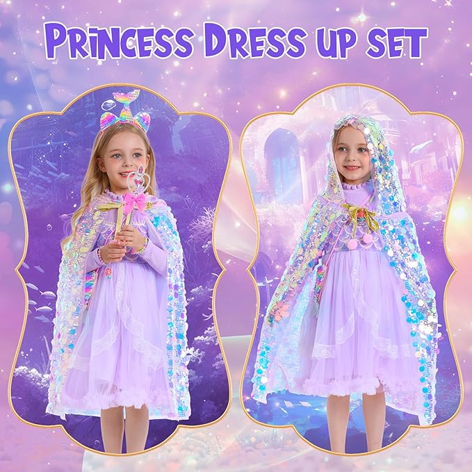 Mermaid Toys Princess Dress Up for Girls Princess Dress Up Cloak Gift Set for Little Girls 3-8 Years Old, Idea Gift for Birthday Christmas Halloween