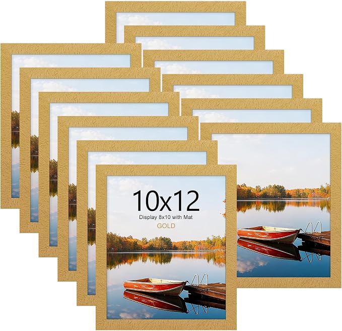 Picrit 10x12 Picture Frame Set of 12, Display 8x10 with Mat or 10x12 Without Mat, Photo Frames for Wall Mounting or Table Top Display, Gold
