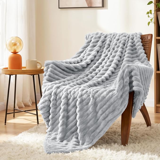 Light Gray Twin Blanket for Bed & Couch, 60 x 80 Inch | 300GSM Ribbed Fleece Blanket, Soft, Cozy & Lightweight, OEKO-TEX Certified, All-Season Use for Travel, Dorm & Home Decor