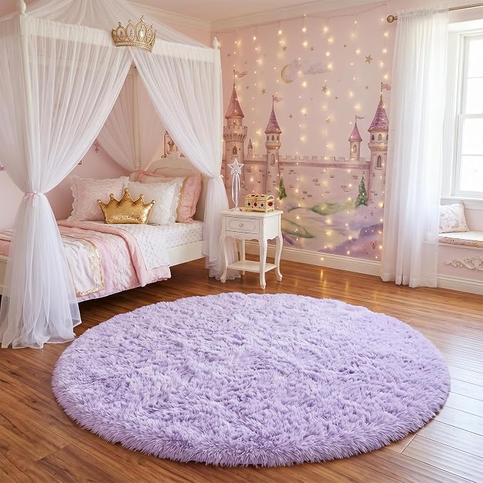 Amdrebio Light Purple Small Round Rugs 3Ft for Girls Bedroom, Fluffy Fuzzy Circle Area Rug for Kids Room Decor Aesthetic, Soft Cute Furry Plush Shag Lavender Carpet for Classroom, Baby Nursery, Dorm