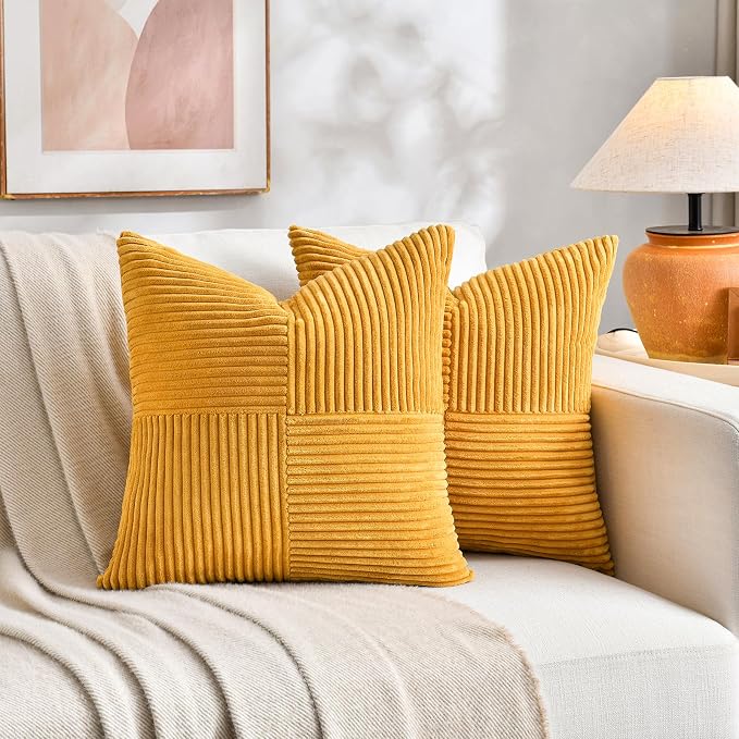 Fancy Homi 2 Packs Gold Yellow Samll Decorative Throw Pillow Covers 12x12 Inch with for Couch Bed Sofa, Farmhouse Boho Spring Home Decor, Soft Corss Patchwork Corduroy Square Cushion Case 30x30 cm
