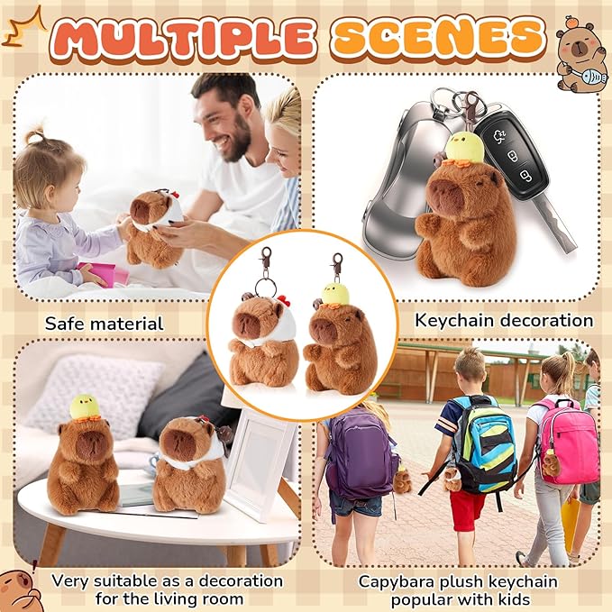 2 Pcs Capybara Plush Keychain Capybara Stuffed Animals Plush Pendant for Christmas Gifts Exchange Birthday Party(White Hat, Duck)