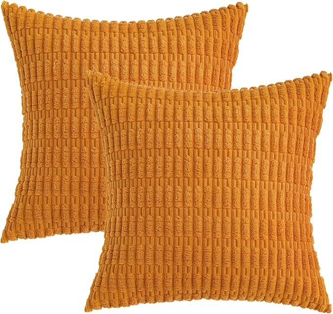 MIULEE Fall Decorative Throw Pillow Covers 20x20 Burnt Orange Pack of 2 | Soft Corduroy Boho Striped Pillow Covers Modern Farmhouse Autumn Home Decor For Sofa Living Room Couch Bed