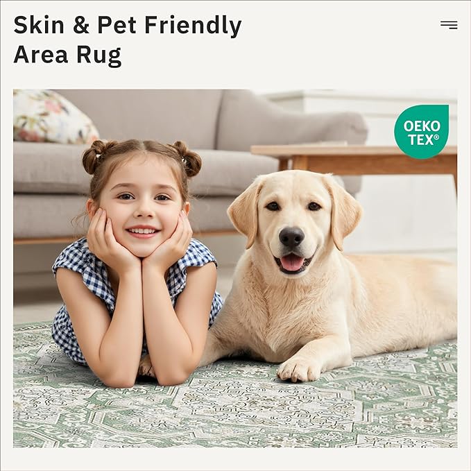 Soalmost 8x10 Area Rugs Large Washable Living Room Rug Non-Slip Green/Brown | Soft Farmhouse Vintage Carpet for Dining Bedroom, Stain Resistant Low Pile Foldable Thin Floor Mat Under Table Home Decor