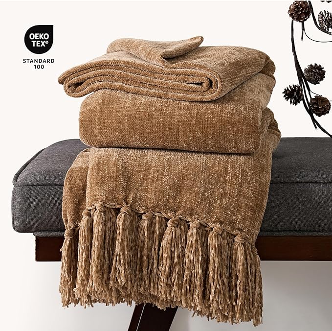 Chenille Knit Throw Blanket for Couch, 60"x80", Warm Beige | Cozy Plush Fuzzy Knittd Throw with Tassels, Lightweight, Decorative, Farmhouse Decor, Ideal for Bed Sofa Gift, All Seasons