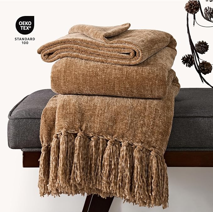 Chenille Knit Throw Blanket for Couch, 50"x60", Warm Beige | Cozy Plush Fuzzy Knittd Throw with Tassels, Lightweight, Decorative, Farmhouse Decor, Ideal for Bed Sofa Gift, All Seasons