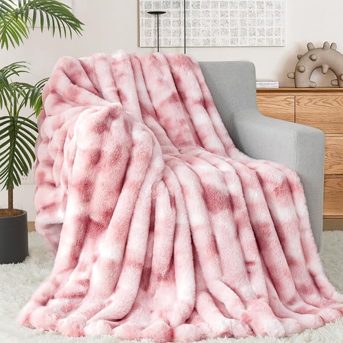 Luxury Faux Rabbit Fur Twin Blanket for Couch, Super Heavy Warm Cozy Throw for Sofa Bedroom Living Room, Ultra Soft Fluffy Reversible Plush Blankets for Home Decor Gifts, Tie-dye Pink