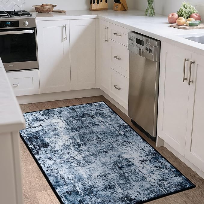 Rugflix 3x4 Entrance Rugs, Washable Navy Blue Dark Entry Small Rug | Machine Washable; Stain-Resistant; Low Pile; Non-Slip; Modern Abstract; Black Carpet for Entryway Kitchen Hallway Home