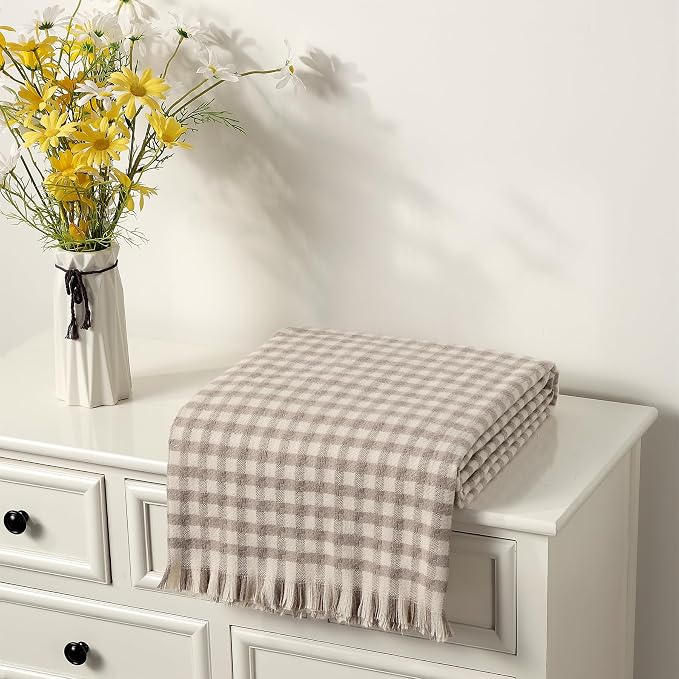 CREVENT Farmhouse Boho Knitted Throw Blanket for Couch Sofa Chair Bed Home Decoration, Soft Warm Cozy Light Weight for Spring Summer Fall (50''X60'' Plaid Tan)