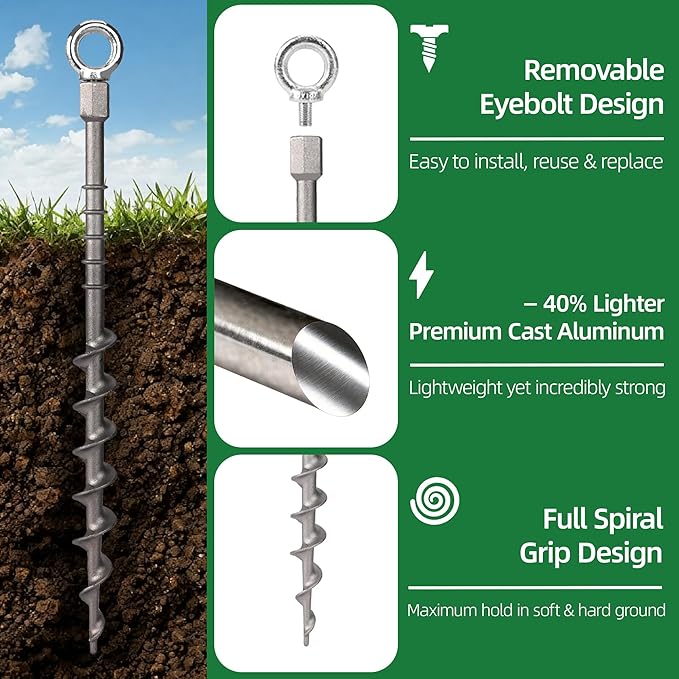12 Pcs Screw in Tent Stakes Heavy Duty, 12" & 14" (6+6) Mixed Rustproof Aluminum Ground Anchors for Camping, Trampoline, with 8mm Drill Adapter & Hooks, Durable Metal Stakes for Sand