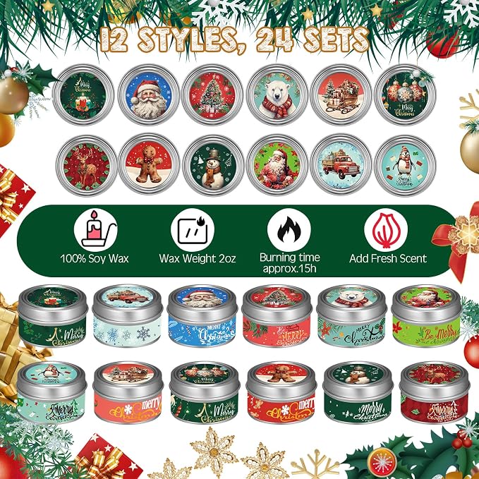 MTLEE 24 Sets Christmas Scented Soy Wax Candles Aromatherapy Candles with Organza Bag and Cards Bulk, Portable Travel Tin Candle Party Favors Christmas Gifts for New Year Home Supplies(Retro)