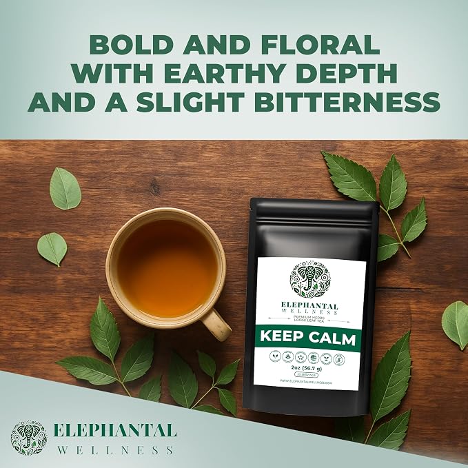 Elephantal Wellness Keep Calm Herbal Tea | Stress Relief & Mood Support with Ashwagandha, Lemon Balm, Chamomile, Valerian & St. John’s Wort | Handmade, Caffeine-Free Loose Leaf Blend | 2oz, 20 Servings