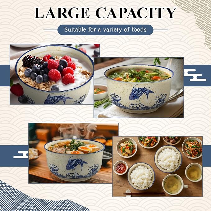 SiliFine Ramen Bowl Set of 2 Ceramic Ramen Bowl with Lid 25oz Microwave Clay Pot Traditional Japanese Tableware Korean Clay Pot for Christmas Soup Salad Meal Rice Home Office(Blue,Oatmeal,Stylish)
