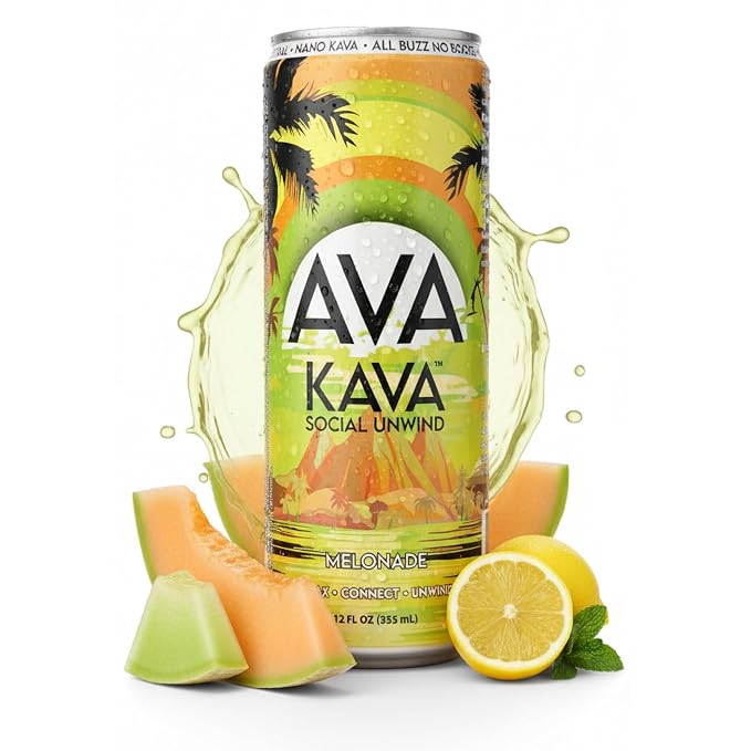 AVA KAVA | Alcohol-Free Relaxation Drink | Melonade | Fast Acting Nano Kava • Zero Sugar Alcohols • Vegan • Plant Based • No Preservatives • Natural Flavors • Non GMO • Gluten Free | 12oz Cans (6-Pack)