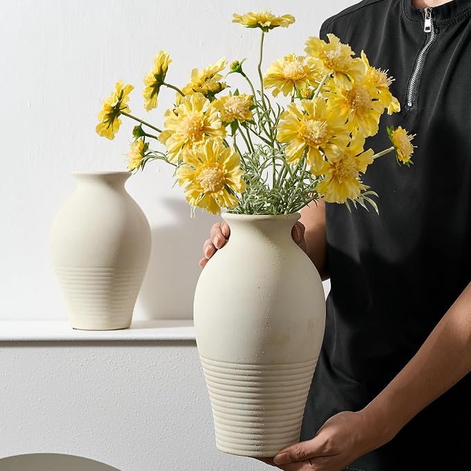 Ceramic Flower Vase Home Decor,11inches Large Farmhouse Table Vases | Rustic Vintage Living Room Kitchen Bedroom Decorations for Home, Shelf, Fireplace Mantel Decoration (11",Off-White)