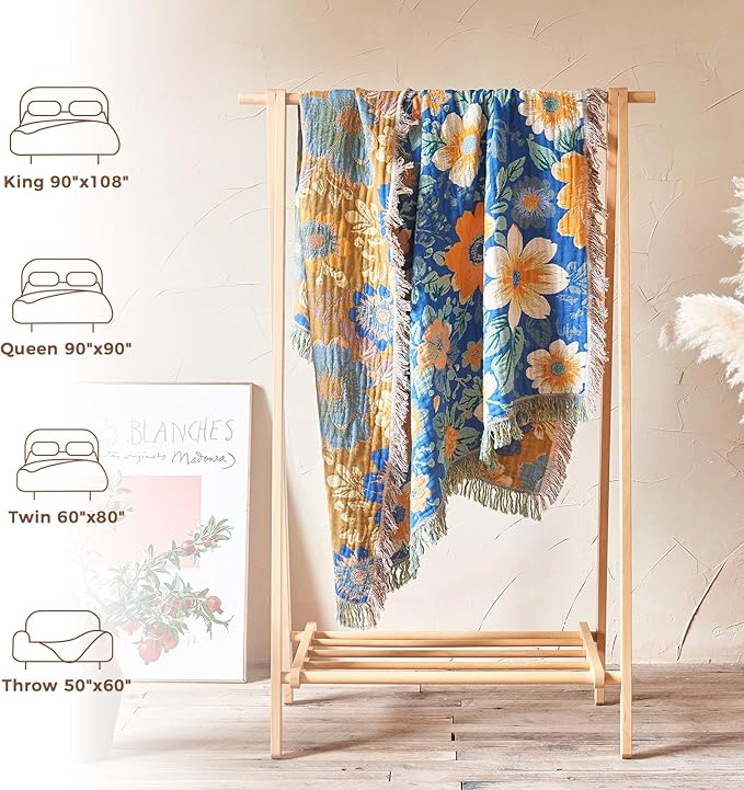 LUTBM Boho Throw Blanket for Couch 50"x60", Cotton Decorative Bed Throws | Blue Reversible Florals Jacquard, All-Season Lightweight Soft Blanket, For Chair Sofa Bedroom Living Room Decor