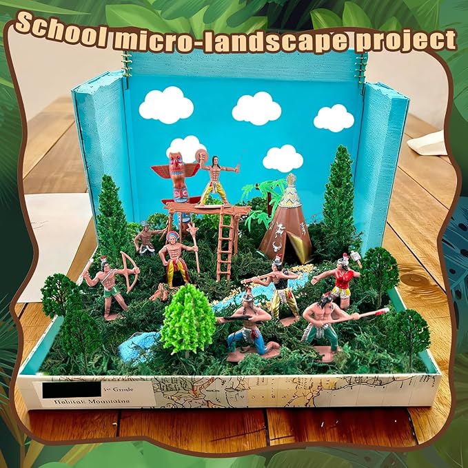 Native American Figurines Set 43 Pcs Plastic Miniature Indian Figure Toys Indian Figurines for Kids Includes Moss, Trees, Sand, Stones, Indians Action Figures for Projects Diorama Decor Birthday Gift